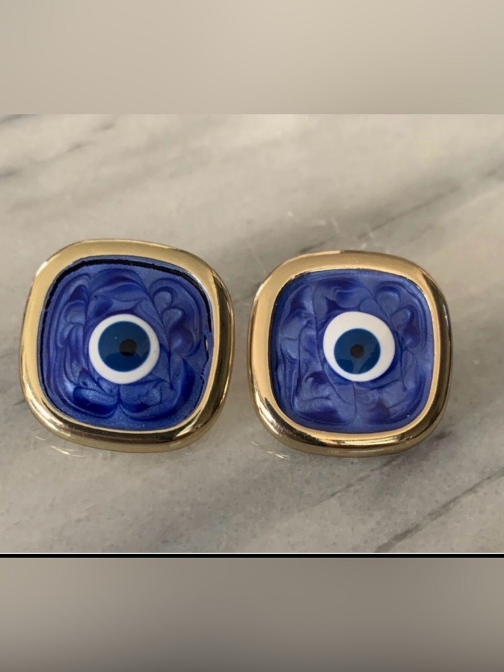 Gold and Blue Evil Eye Large Square Stud Earrings